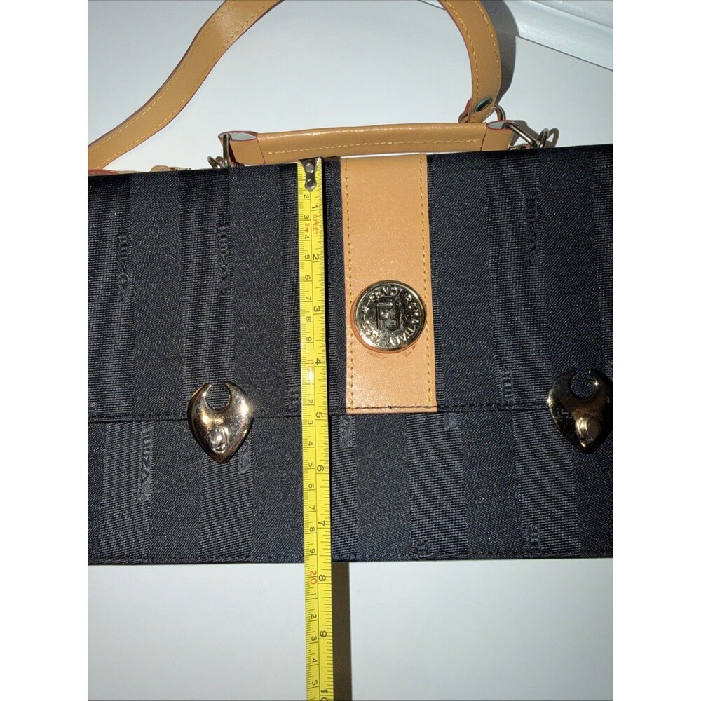 Vintage Purse Striped Briefcase Satchel Bag Canvas Handle Strap Black Tan - Picture 9 of 13
